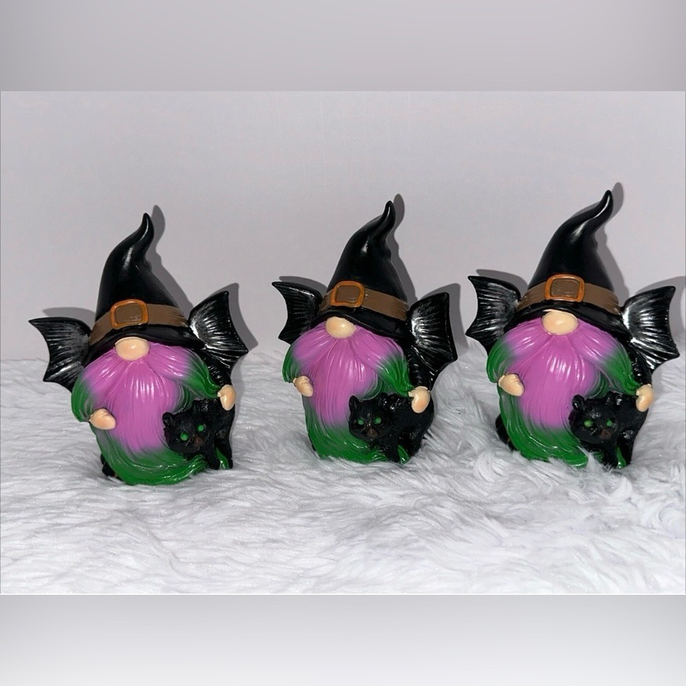 Halloween Bat Wing Gnomes Set of 3 Black Purple Green Witch Hat Spooky Decor